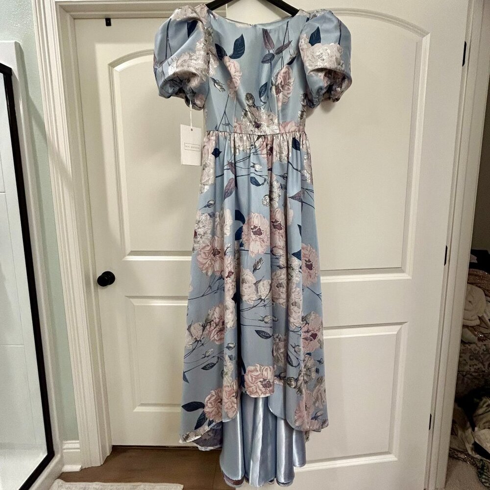 Mac Duggal Brocade Puff Sleeve High Low Floral Gown